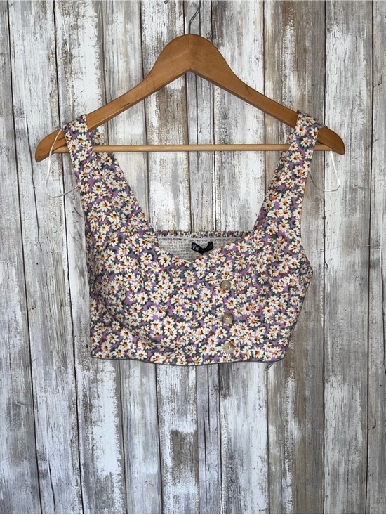Zara Tops - Zara Linen Blend Purple Daisy Floral Crop Top Smocked Back Button Front S
